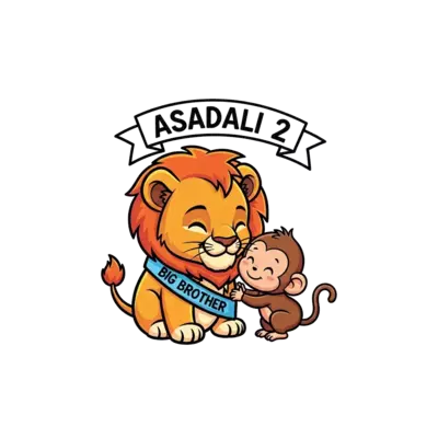 A cute cartoon lion cub wearing a 'Big Brother' sash, gently nuzzling a tiny baby monkey, with the name 'Asadali' and the number '2' subtly integrated into a playful banner. Bright, cheerful colors, kawaii style.