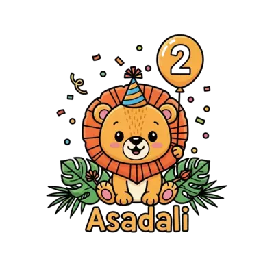 A super cute cartoon baby lion wearing a tiny party hat, holding a balloon with the number '2', with 'Asadali' written playfully below, surrounded by jungle leaves and confetti, vibrant and cheerful style.