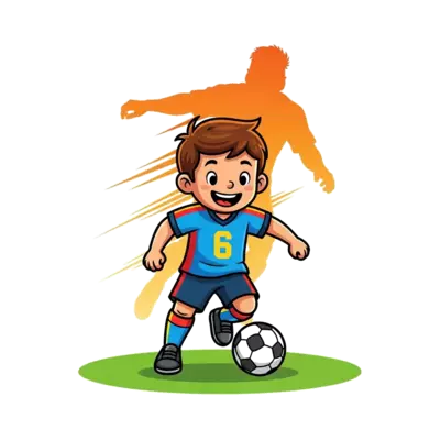 A realistic illustration of a 6-year-old boy, full of joy and energy, wearing a football jersey with the number '6', skillfully dribbling a football on a vibrant green pitch, with a subtle, dynamic silhouette of Messi in the background, rendered with warm, celebratory lighting.