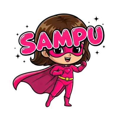 A cute, chibi-style cartoon superhero girl with a flowing pink cape and mask, striking a heroic pose, with the name 'Sampu' in a playful, bubbly font. Emphasize bright pinks and a joyful, friendly expression, surrounded by tiny sparkling stars.