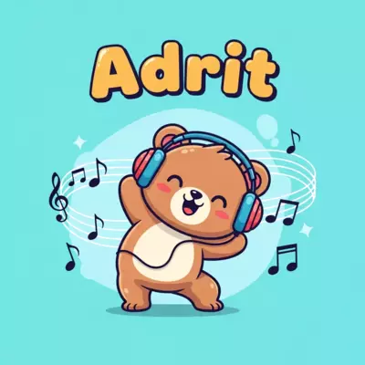 A cute cartoon bear wearing headphones, joyfully breakdancing with musical notes swirling around him, in a vibrant, playful kawaii style. The name 'Adrit' is written in a cheerful, bouncy font.