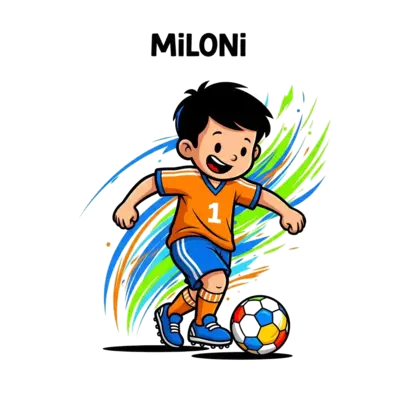 A vibrant, dynamic cartoon illustration of a happy child named Miloni playing football, dribbling a colorful ball with energy. In the background, abstract, swirling lines of bright blues, greens, and oranges create a sense of movement, subtly hinting at the flair of football legends.
