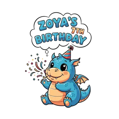 A super cute, chubby cartoon baby dragon with big, friendly eyes, wearing a tiny party hat, playfully blowing colorful confetti and glitter. The text 'Zoya's 7th Birthday' is written in a cheerful, bubbly font, integrated into a floating cloud or banner. Vibrant, child-friendly illustration style.