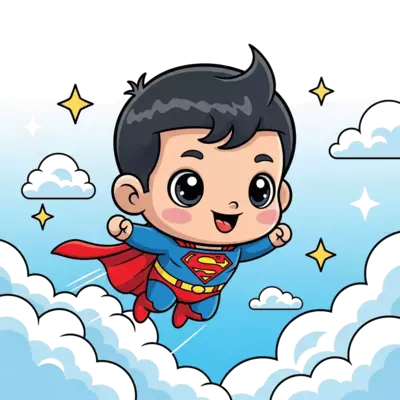 A super cute, chibi-style baby Superman with big eyes and a joyful expression, flying through a sky filled with fluffy cartoon clouds and sparkling stars, vibrant colors, playful illustration, soft edges.