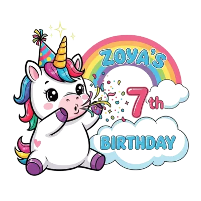 A super cute, chubby cartoon baby unicorn with big, friendly eyes and a shimmering horn, wearing a tiny party hat. It is playfully blowing a magical burst of colorful confetti and glitter. The text 'Zoya's 7th Birthday' is written in a cheerful, bubbly font, integrated into a whimsical rainbow cloud. Vibrant, child-friendly illustration style.