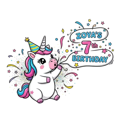 A cheerful and chubby cartoon baby unicorn with a pearlescent horn and sparkling eyes, tipping a tiny party hat. It's surrounded by a burst of colorful confetti, glitter, and tiny stars, as if it just blew them. The text 'Zoya's 7th Birthday' is prominently featured in a bubbly font on a floating, star-adorned banner. Bright, magical, child-friendly illustration.