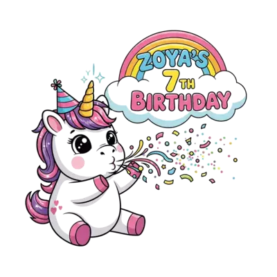 A super cute, chubby cartoon baby unicorn with big, friendly eyes and a shimmering horn, wearing a tiny party hat. It is playfully blowing a magical burst of colorful confetti and glitter. The text 'Zoya's 7th Birthday' is written in a cheerful, bubbly font, integrated into a whimsical rainbow cloud. Vibrant, child-friendly illustration style.