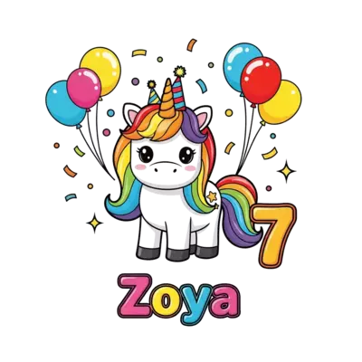 A cheerful, cute cartoon unicorn with a rainbow mane and tail, wearing a tiny party hat, surrounded by colorful balloons, confetti, and a sparkling number 7. The name 'Zoya' is written playfully in a bubbly font. Vibrant and adorable illustration style.
