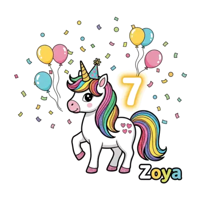 A cheerful, cute cartoon unicorn with a vibrant rainbow mane and tail, wearing a tiny sparkling party hat. It's playfully surrounded by a shower of colorful confetti and a few floating balloons. A glowing number 7 shines beside it, and the name 'Zoya' is written in a whimsical, bubbly font, all in an adorable illustration style.