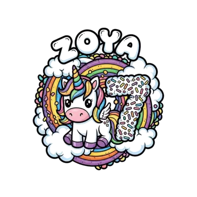 A cute cartoon baby unicorn with a sparkly horn, surrounded by rainbow sprinkles and fluffy clouds, with the number 7 and 'Zoya' incorporated playfully, vibrant and cheerful style.
