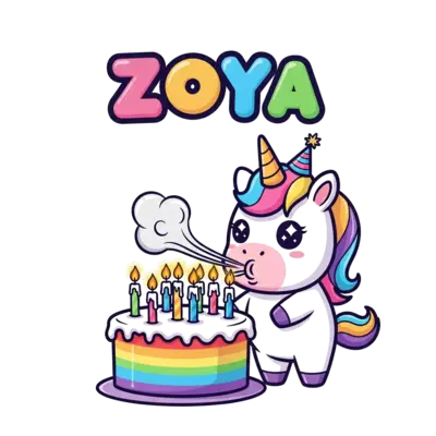 A kawaii style cartoon unicorn wearing a tiny birthday hat, blowing out 7 candles on a rainbow cake, with 'Zoya' written in playful bubble letters, pastel and dreamy.