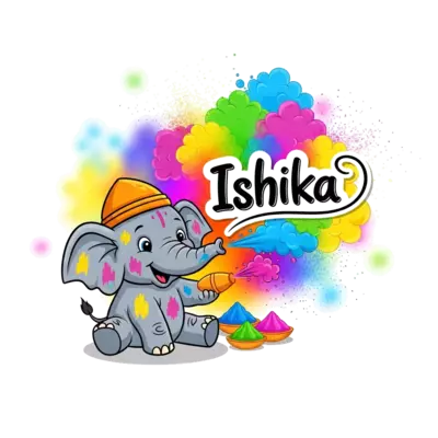 A joyful cartoon baby elephant, playfully spraying colorful gulal with its trunk, surrounded by vibrant Holi colors and the name 'Ishika' written in a fun, flowing script. The background is a soft, celebratory blur of festive hues.