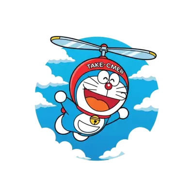 A cheerful cartoon Doraemon happily flying with his Take-Copter, against a bright blue sky with fluffy white clouds, in a vibrant and playful style.