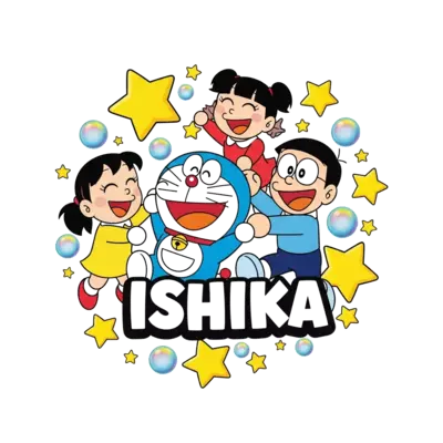 A cheerful illustration of Doraemon, Dorami, and Nobita joyfully playing together, surrounded by bright stars and bubbles, with the name 'Ishika' elegantly integrated into the design, in a vibrant cartoon style.