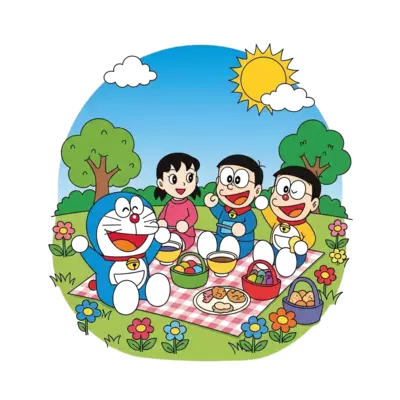 A cheerful illustration of Doraemon, Nobita, Shizuka, Gian, and Suneo having a picnic in a vibrant, sunny park, surrounded by colorful flowers and a blue sky, in a classic cartoon style.