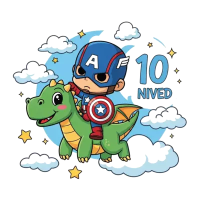 A cute, chibi Captain America character, with his iconic shield, riding on the back of a friendly, cartoon-style dragon, soaring through a sky filled with fluffy clouds and sparkling stars. The number 10 is subtly integrated into the background, with 'Nived' written playfully below. Vibrant, child-friendly colors.