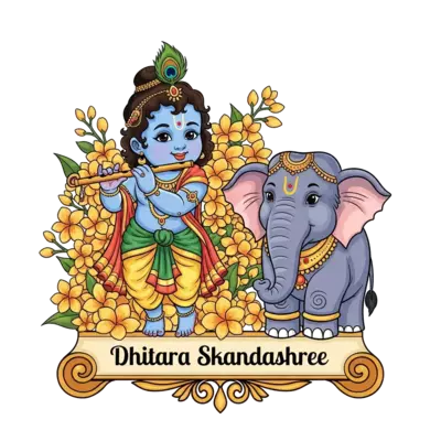 A charming illustration of a cute, smiling baby Krishna playing a flute, surrounded by a vibrant abundance of golden Kani Konna flowers. A friendly, stylized elephant with traditional Kerala adornments stands gently beside him. The scene is rendered in a soft, colorful Kerala Mural Art style, with the name "Dhitara Skandashree" gracefully integrated into a decorative scrollwork banner at the bottom.