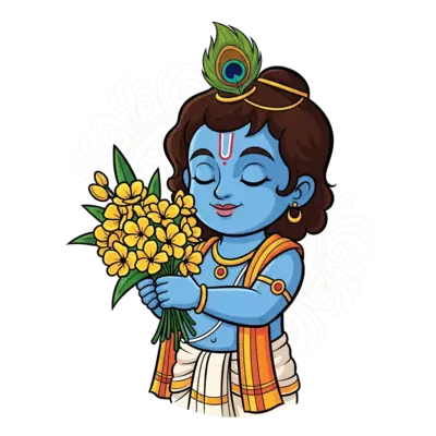 A charming cartoon illustration of a young Lord Krishna, with a gentle smile, holding a bunch of vibrant yellow Kani Konna flowers. He is wearing traditional Kerala attire, with a soft gold border. The background has subtle, intricate Kerala mural art patterns. Rich, warm colors, traditional Indian art style.