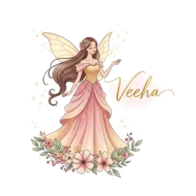 A whimsical illustration of a graceful fairy princess with long flowing hair, wearing a shimmering gown in warm pinks and golds, surrounded by magical sparkles and delicate flowers. The name 'Veeha' is elegantly incorporated into the design with a subtle golden script, in a soft watercolor style.