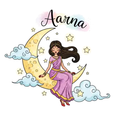 An elegant and graceful Indian princess with flowing hair and a beautiful, magical gown, sitting delicately on a crescent moon, surrounded by soft, glowing stars and whimsical clouds. The name 'Aarna' is subtly integrated into the starry sky in a magical script, rendered in a dreamy watercolor illustration style with soft pastel colors.