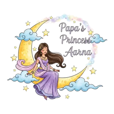 A dreamy watercolor illustration of an elegant Indian princess with flowing hair and a magical gown, sitting delicately on a crescent moon. Soft, glowing stars and whimsical clouds surround her, with the words 'Papa's Princess Aarna' gracefully integrated into the starry sky in a shimmering, magical script, all rendered in soft pastel colors.