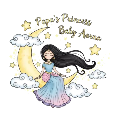 A dreamy watercolor illustration of an elegant Indian princess with flowing hair and a magical gown, sitting delicately on a crescent moon. Soft, glowing stars and whimsical clouds surround her, with the words 'Papa's Princess Baby Aarna' gracefully integrated into the starry sky in a shimmering, magical script, all rendered in soft pastel colors.