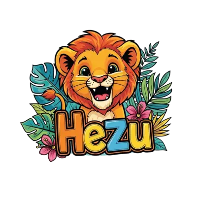 A vibrant, playful cartoon lion cub, smiling brightly, surrounded by colorful jungle leaves and exotic flowers, with the name 'Hezu' playfully integrated into the design, in a cheerful, whimsical style.