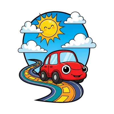 A cheerful, cute red cartoon car with big, friendly eyes driving on a winding, colorful road with fluffy clouds and a bright sun, in a playful, vibrant style.