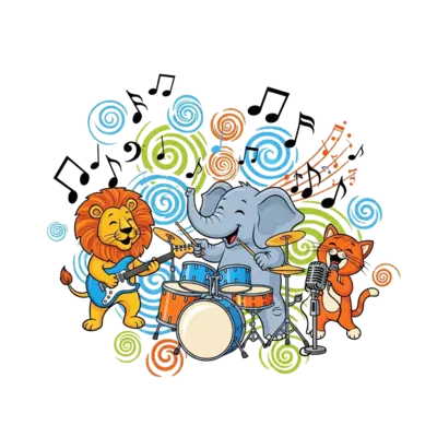 A vibrant illustration of a joyful ensemble of cartoon animals: a lion playing a guitar, an elephant on drums, and a cat singing into a microphone, surrounded by swirling musical notes and abstract colorful patterns, in an artistic, hand-drawn style with bright, cheerful colors.