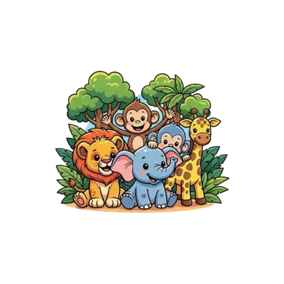 A group of super cute cartoon jungle animals (lion cub, baby monkey, tiny elephant, little giraffe) playing together in a vibrant, lush forest, cheerful and friendly style, bright colors.