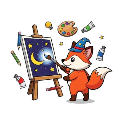 A cute cartoon fox wearing a tiny wizard hat, painting a starry night sky with a magical, glowing paintbrush on a canvas, surrounded by whimsical floating art supplies, vibrant and playful style.