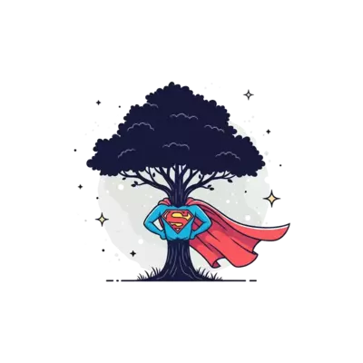 A minimalist, artistic illustration of a majestic tree silhouette with its branches subtly forming a superhero cape, set against a soft, cosmic background with a few stylized stars. Clean lines, muted yet appealing colors.