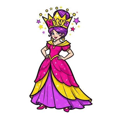 A bold and playful cartoon princess with a vibrant, flowing gown, striking a confident pose. Her name 'Nitya' is beautifully integrated into a sparkling crown or a banner she holds, surrounded by whimsical stars and glitter, in a bright, energetic style.
