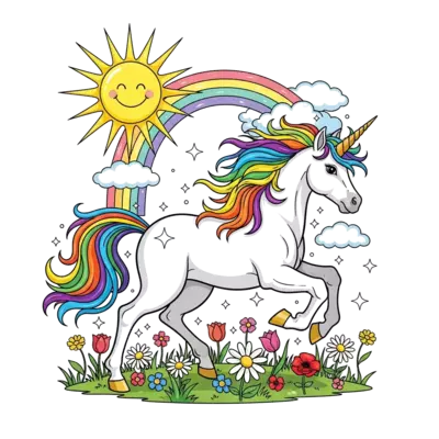 A majestic cartoon unicorn with a rainbow mane and tail, gracefully galloping through a sparkling meadow filled with colorful flowers, under a bright sun with a gentle rainbow arch, vibrant and whimsical digital art.