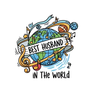 A vibrant watercolor illustration featuring a stylized globe intertwined with musical notes and clefs, surrounded by subtle, abstract sports elements like a flowing ribbon representing movement or a blurred ball shape. The phrase 'Best husband in the world' is elegantly incorporated into the design as if hand-painted.