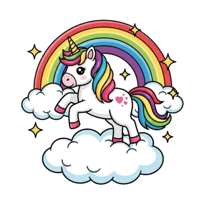 A super cute cartoon unicorn with a rainbow mane and tail, prancing on a fluffy cloud with a vibrant rainbow arching in the background, sparkling stars, in a kawaii art style.