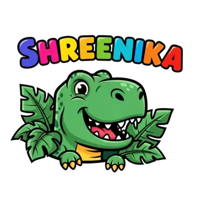 A vibrant cartoon T-Rex playing hide-and-seek among lush jungle leaves, with a playful 'Shreenika' in bubble letters, bold and bright colors, joyful expression, whimsical style.