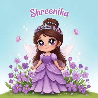 A cute cartoon fairy princess named Shreenika, with big sparkling eyes and a purple gown, surrounded by magical purple flowers and tiny cartoon butterflies, in a whimsical, cheerful style.