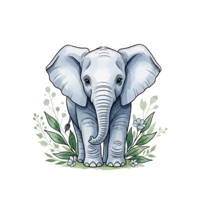 A majestic baby elephant, rendered in soft watercolor strokes, standing amongst lush green foliage and subtle floral elements, with a dreamy, whimsical feel.