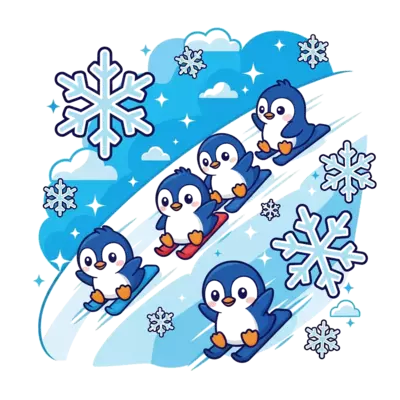 A group of adorable cartoon penguins happily sliding down an icy hill, surrounded by sparkling snowflakes and a bright blue sky. Playful, kawaii style with vibrant colors.