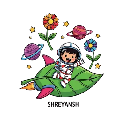A cute cartoon astronaut Shreyansh flying a spaceship shaped like a leaf, with planets that look like flowers in the background, vibrant and playful style.