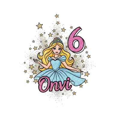 A glamorous cartoon Barbie-like princess illustration, with long flowing hair and a sparkling gown, surrounded by a shower of glitter and stars, with the number '6' elegantly incorporated into the design, and the name 'Onvi' subtly integrated, vibrant and playful style.