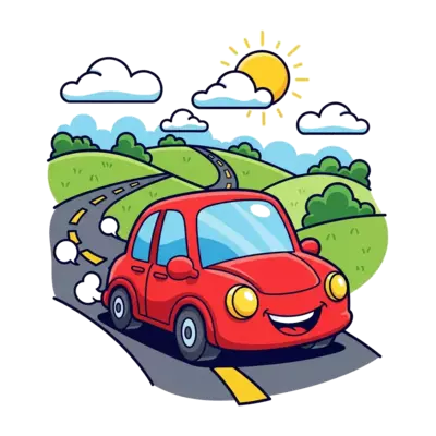 A cheerful, smiling red cartoon car driving on a winding road through a sunny landscape with green hills and fluffy clouds, in a vibrant, playful illustration style for kids.