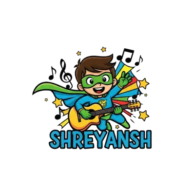 A vibrant cartoon illustration of a cheerful superhero kid named 'Shreyansh' flying with a guitar, surrounded by musical notes and stars, in a dynamic and energetic style with a rainbow color palette of green, yellow, blue, and orange.