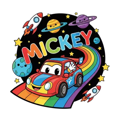 A whimsical cartoon illustration of a cute car character driving on a rainbow road through a starry space scene with friendly planets and rockets, all in vibrant multi-colors. The name 'MICKEY' is integrated playfully into the design.