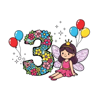 A cute cartoon fairy princess with sparkling wings and a tiny crown, happily sitting next to a big number '3' adorned with flowers and glitter, surrounded by floating magic dust and colorful balloons, in a vibrant, cheerful style.