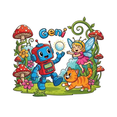 A vibrant, cheerful scene with a cute, brightly colored cartoon robot playing with a friendly, stylized fairy and a playful animal (like a cat or a dog), all in a fantastical garden setting. The name 'Geni' is subtly integrated into the design with colorful, bubble-like letters.