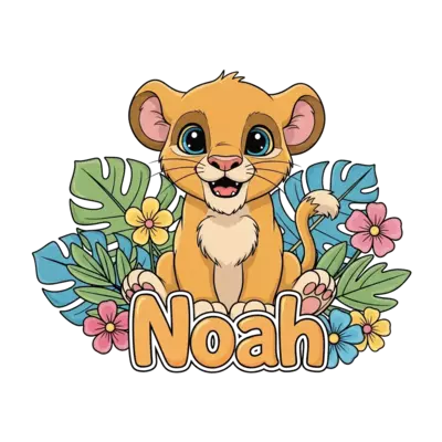 A very cute and playful baby Simba cub, with big expressive eyes, sitting happily amidst vibrant, stylized jungle leaves and colorful cartoon flowers. The name 'Noah' is playfully integrated into the design with a friendly, bubbly font. Soft pastel colors, storybook illustration style.
