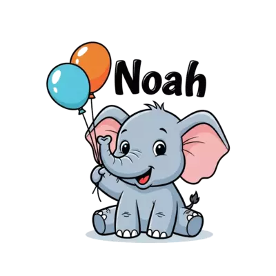 A super cute, happy baby elephant cartoon character, holding a colorful balloon, with the name 'Noah' written playfully above it, vibrant and joyful style, isolated graphic.