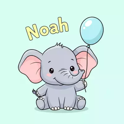 A super cute, happy baby elephant cartoon character, with a gentle pastel grey body and soft pink inner ears, holding a pastel blue balloon. The name 'Noah' is written playfully above it in a soft pastel yellow, all in a sweet, joyful, and isolated graphic style with a light pastel background.